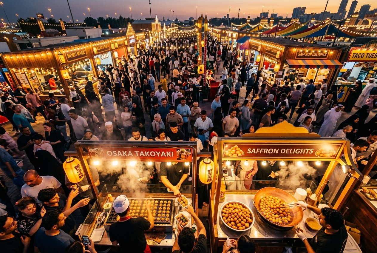 Global Village food market at dusk