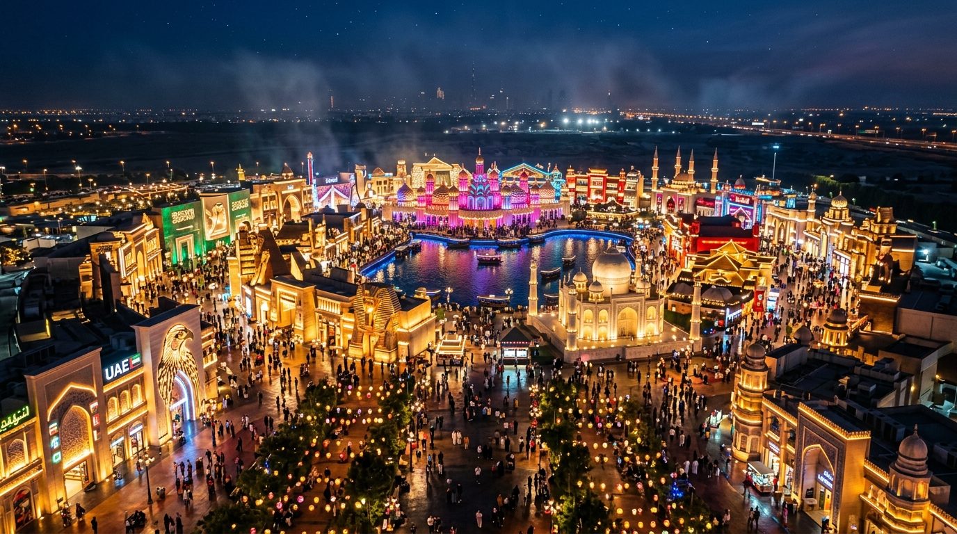 Global Village UAE illuminated pavilions at night
